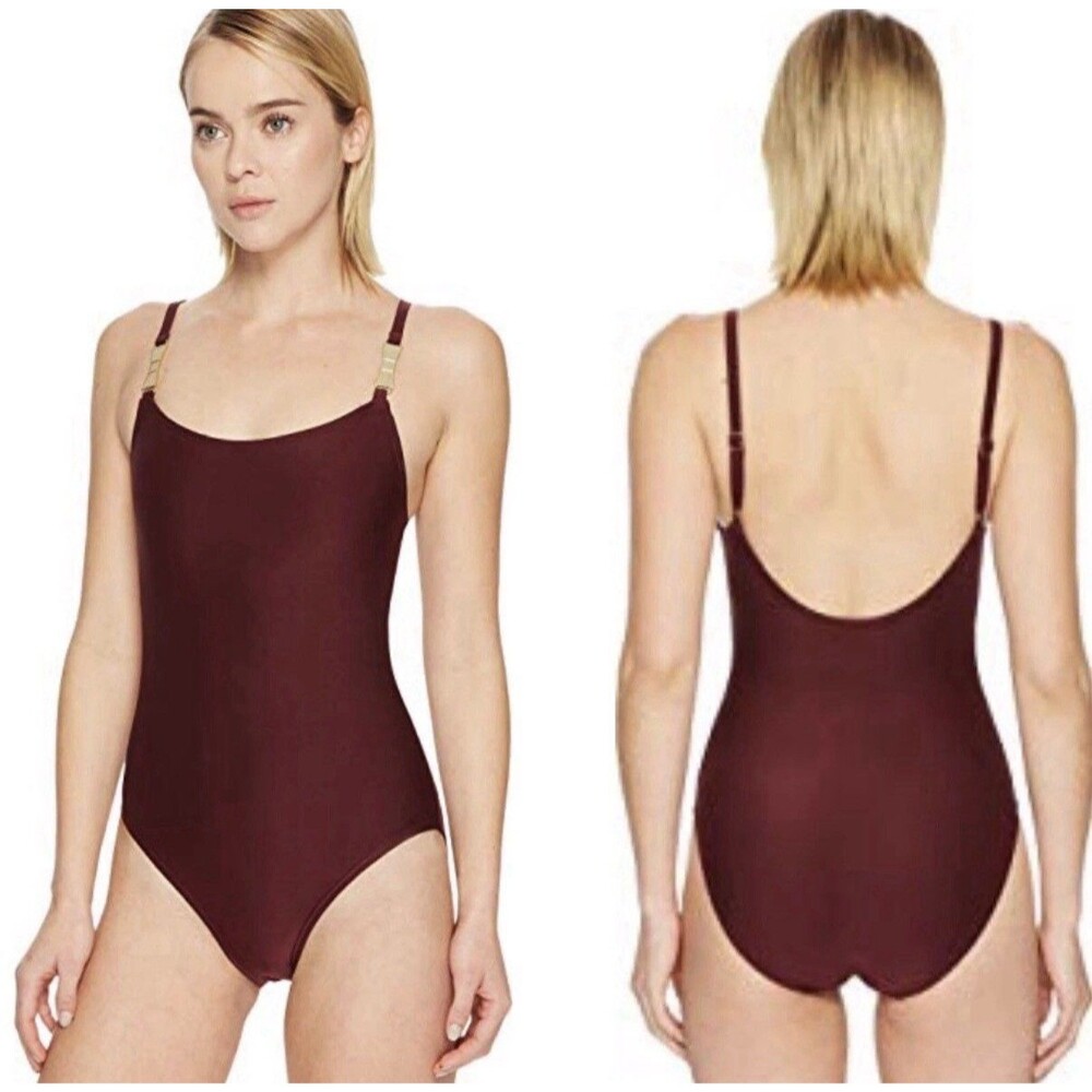 Kate Spade Crescent Bay Deep Cherry Burgundy One Piece Swimsuit Gold Bow L